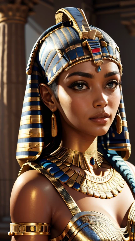 (High resolution, Best Quality, masterpiece, 8k), Ancient Egypt, Cleopatra style girl, Silver blonde middle, Pharaoh&#39;s clothing, Slight emphasis on the chest and cleavage, Face Real, sexy,  smile,  Large Breasts, Ancient Egypt風の宮殿内, Luxurious throne, Lavish decoration, 