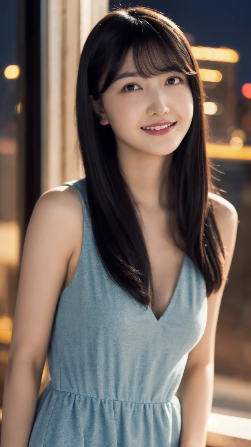masterpiece,best quality,(Japanese ),((Beautiful girl)),cleavage,(perfect body beauty:1.2),(shy smile),beautiful teeth,(Blurred background of brick buildings),