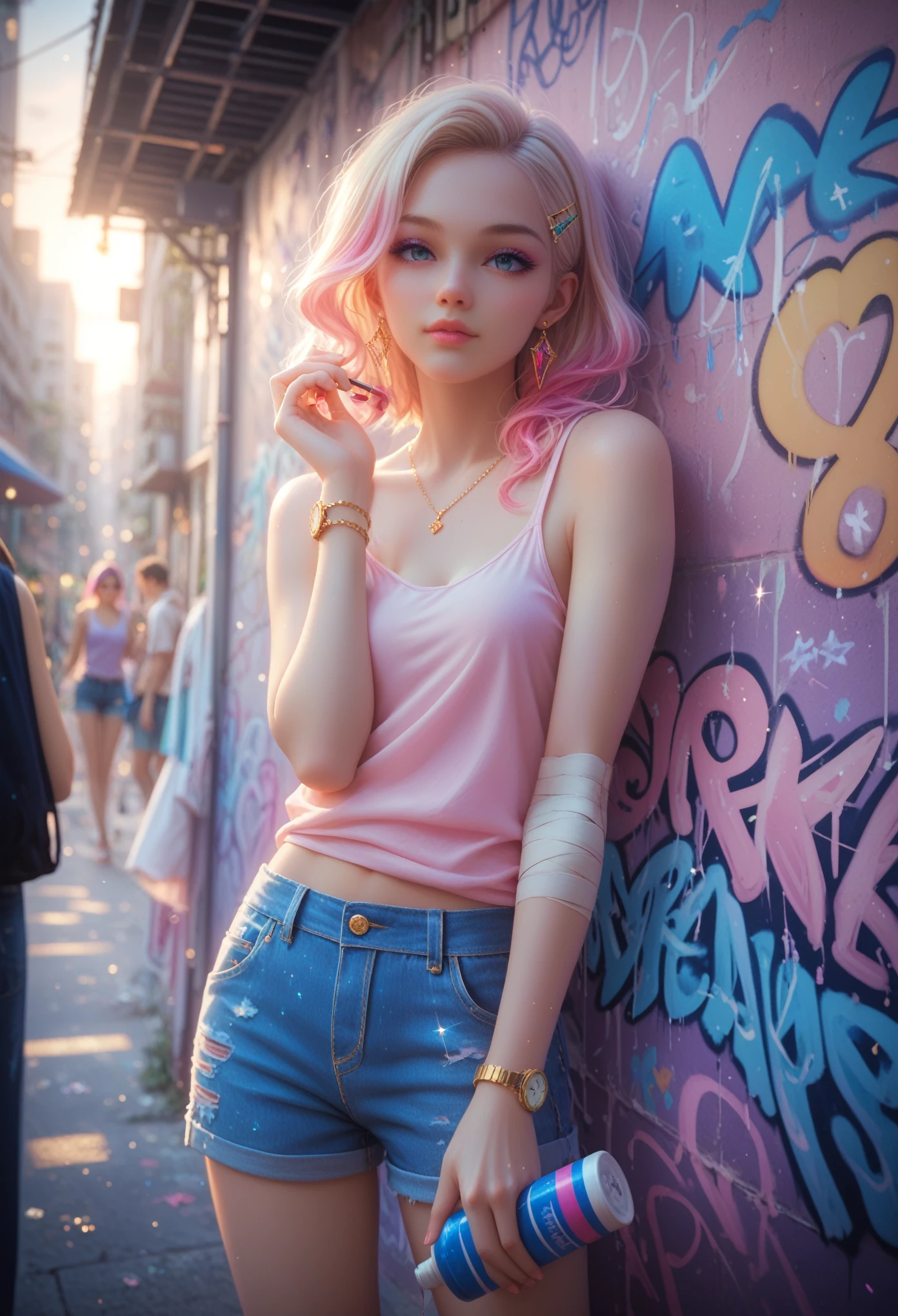 young woman, Bright Beautiful, Stands on the street near the wall with graffiti, Dressed in Casual Clothes, dyed hair, Sparkle in the eyes, Game of Shadows, masterpiece, maximum quality, Full Detailing, Spray Paint in Hand, bandage on the arm, Gold Watch on Hand, Fashion Outfit Casual Wear Tank Top And Shorts, Clip-on earrings, Hairpin, 8 k, 