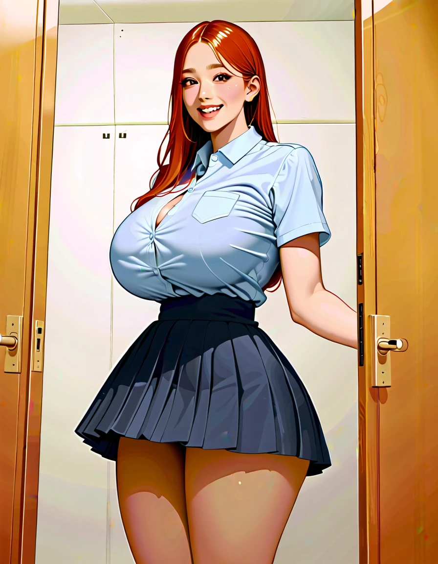 masterpiece, best quality, hyper realism, looking the ass smiling korean slum style student wearing asailormoon suit, extremely busty, giant firm and fake breasts, thick thighs, long hair, in a changing room, tiny and tight school shirt, big round breasts, huge cleavage, boobs nearly bursting out, low-cut pleated skirt, pushing her ass back, wide hips, wide thigh gap, view from the side, extremely curvy, long hair, high waist, hyper realism, smiling, posing like a leader, but her pants come down
