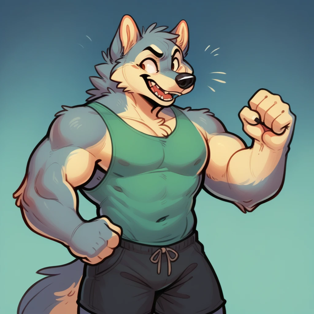 Anthropomorphic character with features resembling a wolf, wearing black shorts, posed with one arm raised in a fist, possibly indicating triumph or excitement, on a simple textured blue surface in the furry animation style in comic aesthetic in 2D animation This style is reminiscent of modern digital art often seen in animated series or video games. It combines sharp angles and bold colors to create a sense of movement.