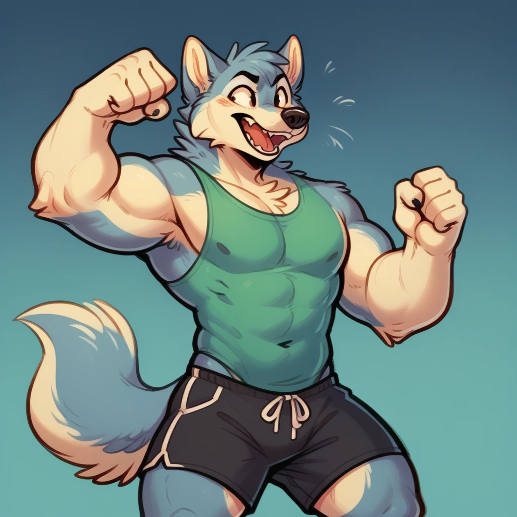 Anthropomorphic character with features resembling a wolf, wearing black shorts, posed with one arm raised in a fist, possibly indicating triumph or excitement, on a simple textured blue surface in the furry animation style in comic aesthetic in 2D animation This style is reminiscent of modern digital art often seen in animated series or video games. It combines sharp angles and bold colors to create a sense of movement.