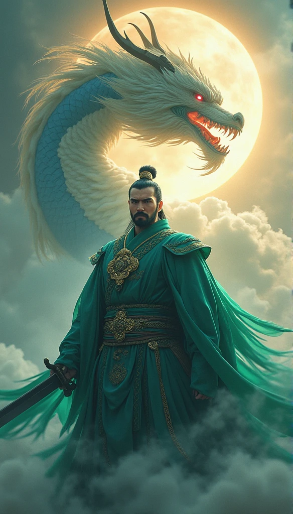 Huge fearfulobject,on a snowy
mountain,noblelandscape,artisticlandscape boy in clouds wearing white robe, fighting golden dragon, dragon, secretoeautiful, brilliant, strong, contrast, film, Chinese silver dragon, WuGuanzhong.Zhang Kechun --ar 16:9