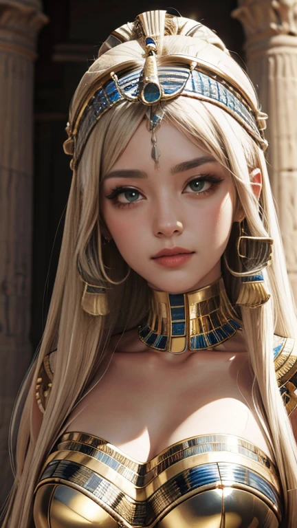 (High resolution, Best Quality, masterpiece, 8k), Ancient Egypt, Cleopatra style girl, Silver blonde middle, Pharaoh&#39;s clothing, Slight emphasis on the chest and cleavage, Face Real, sexy,  smile,  Large Breasts, Ancient Egypt風の宮殿内, Luxurious throne, Lavish decoration, 