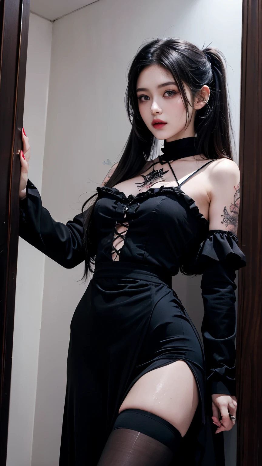 Hard Dark Gothic Makeup、Deep Night Sky、Horror、Good skin radiance、Dark Gothicメイク、Expression of intense sexual pleasure、(Embarrassed look), Dark Gothic、Obscene language、Best Quality、Expression of sexual pleasure amid suffering、Drunk face、Purple maid outfit、The face of someone who is holding in the toilet、Super sexy、Twin tail hair、(Jet black ruffle skirt)、blue eyes, Super seductive pose、Heavy makeup、Silver Hair、Long straight hair、Elegant Features、Attractive face、Knee-high socks、Chest glistening with sweat、The room is dark、Gothic long dress、Bell Sleeves、Wizard Sleeve、Decadent look、Sexually excited expression、Gothic Mode、Knee-high socks、Gentle expression、masturbation behavior、Dark black eyeshadow、despicable act、Wearing black underwear、Black metal world、Dark Castle、darkroom、(Sweating beautifully、Sweaty thighs)、A lot of sweat glistening all over the body、Slender body、Thin legs、(((He has many tattoos on his body)), (((Narrow waist))), ((Big Breasts)),(Transparent)