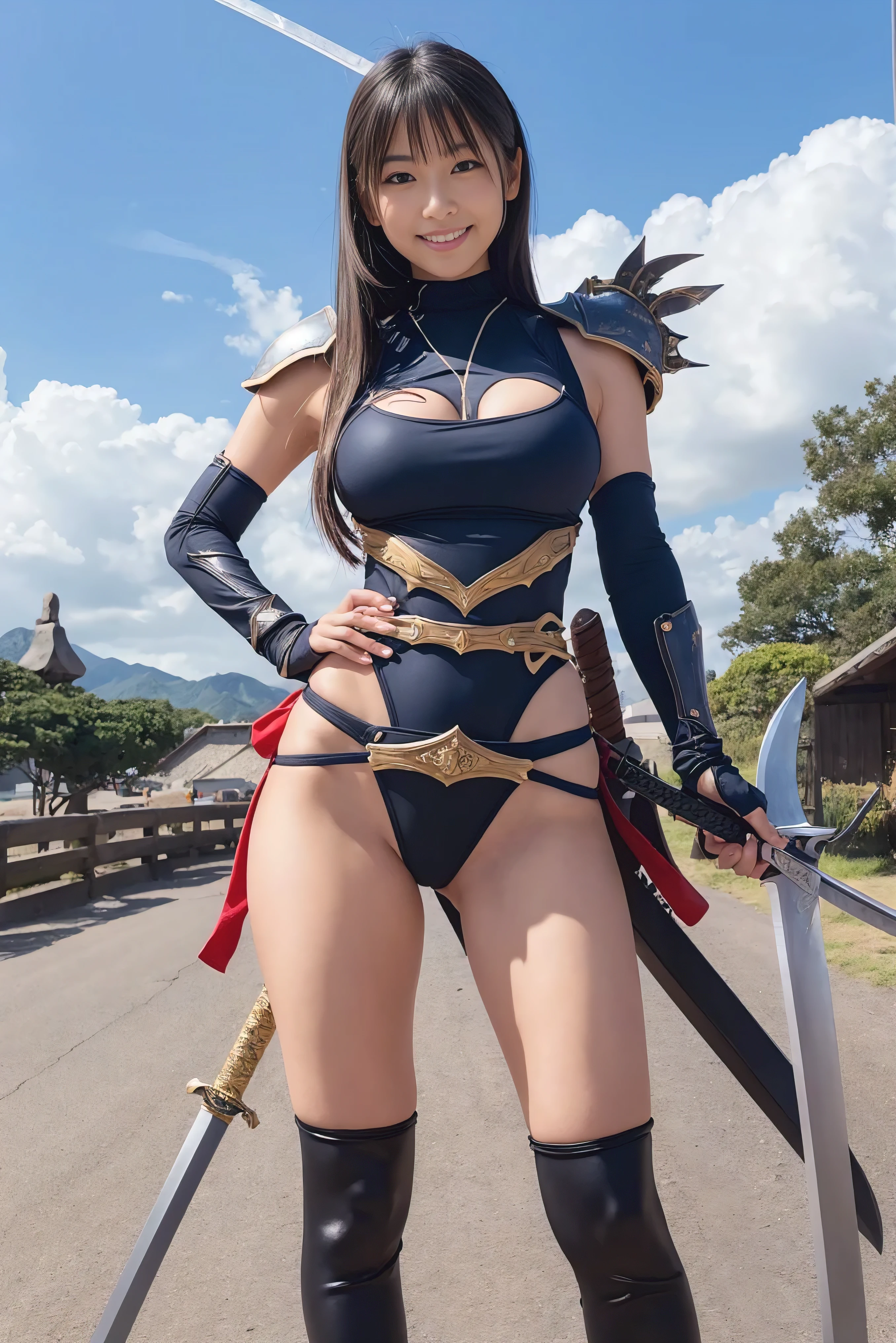 ((highest quality)), (be familiar with), perfect face, Japanese, girl, smile, Full body Esbian:1.5, big breasts:1.5, Woman warrior:1.5, high-leg Racing-Style swimsuit Monokini armor:1.5, adventurer, huge sword, huge sword, huge sword, huge gun, Sony FE GM