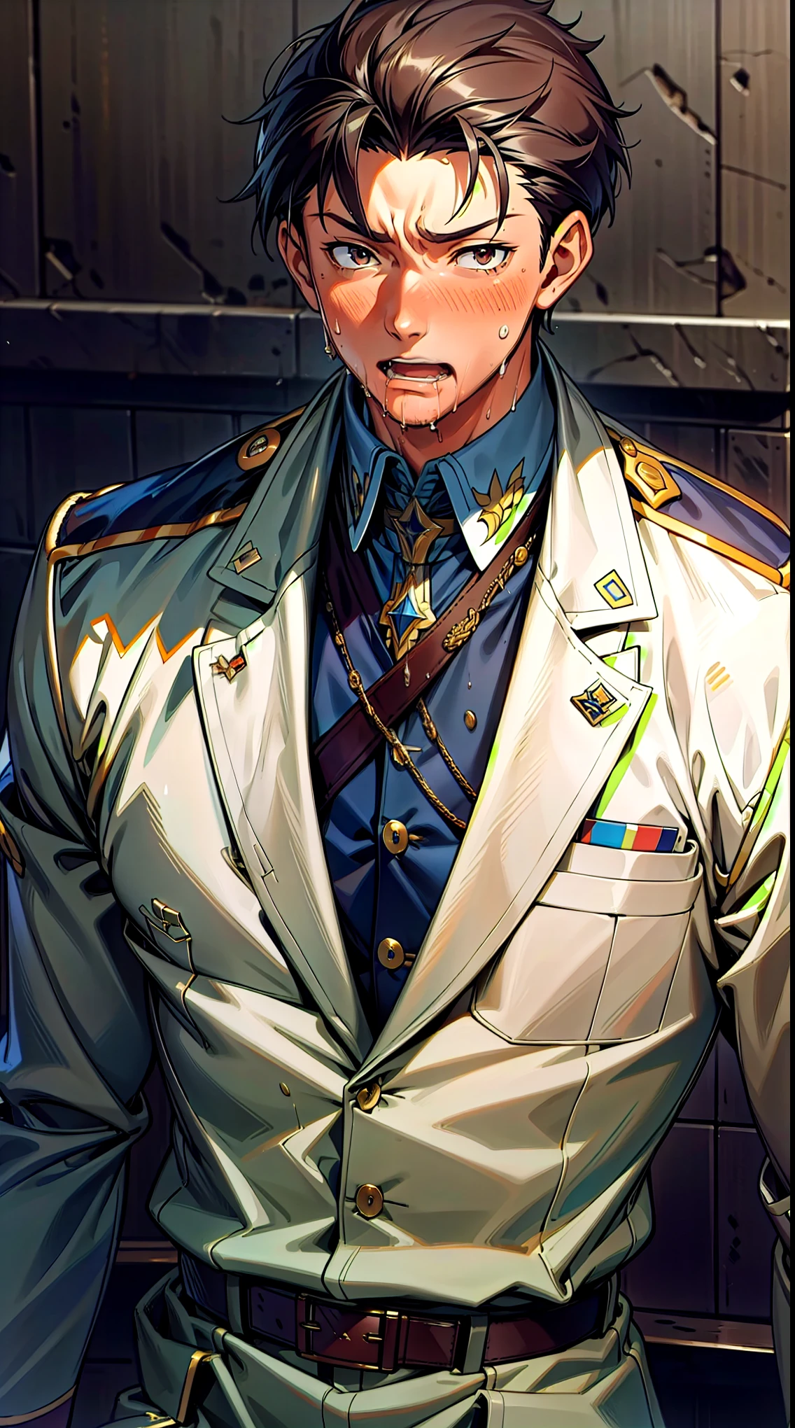 Hector Fay, Ultra high quality cg, solitary, Looking at the audience, Open your mouth, Sweating, Wet, Drooling, Gloves, 1 man, Upper Body, Male focus, tie，shirt， military uniform
