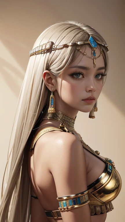 (High resolution, Best Quality, masterpiece, 8k), Ancient Egypt, Cleopatra style girl, Silver blonde middle, Pharaoh&#39;s clothing, Slight emphasis on the chest and cleavage, Face Real, sexy,  smile,  Large Breasts, Ancient Egypt風の宮殿内, Luxurious throne, Lavish decoration, 