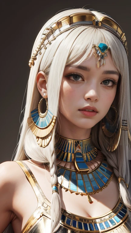 (High resolution, Best Quality, masterpiece, 8k), Ancient Egypt, Cleopatra style girl, Silver blonde middle, Pharaoh&#39;s clothing, Slight emphasis on the chest and cleavage, Face Real, sexy,  smile,  Large Breasts, Ancient Egypt風の宮殿内, Luxurious throne, Lavish decoration, 