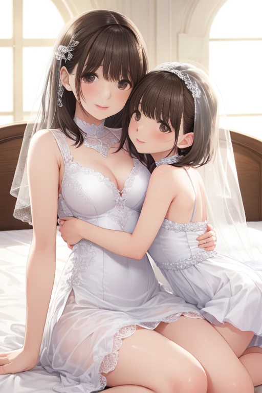 (​masterpiece、top-quality、highest details、Official art、Beautifully Aesthetic:1.2)、(2girls:1.5)、Mother３０age、My daughter is２０age、A highly detailed、(Fractal Art:1.1)、(see -through:1.3)、(Lingerie Dresses:1.5)、、(shinny skin)、(mekosji:1.4)、(tiarra:1.4)、Big breasts with beautiful shape、Slim waist、looking at the viewers、A detailed eye、metal ornaments、Very delicate details、Light shining on the face、(((Small microundersized tightware ((Transparent))White Bride Lingerie)))((Cameltoe)), White long socks, pale skin, Hair Ornament,(Breast milk:1.5),Pee is leaking、Detailed face and eyes,Eyes Like Gems,cry,Sexy smile showed teeth((embarrassed))、Dramatic Lighting、Holding overflowing breast milk in your hands、Daughter Pixie Cut、((No underwear)),Tongue out, cum in tongue, Crazy, Open mouth, Screaming, Ahegao, Heavy breathing, blush, Sweat,Spread your legs，A seductive smile，Kinky laughter，Obscene atmosphere、((See-through, Almost transparent handless))，sexual teasing，Sexual innuendo，((Spreading Mother's Legs)), Captivating (Smile), Happy laughter、On the church floor、((nipple shape protruding))、Camera angle from below,Gorgeous mother and daughter、Pee is leaking、Transparent panties、Wet and see-through、Squat mother only、Blonde and silver-haired mother and daughter、Mother turns her body to the viewer、blush heavily、Pee leakage leakage、Mother goes aside、Thrust your hips out to the viewer、