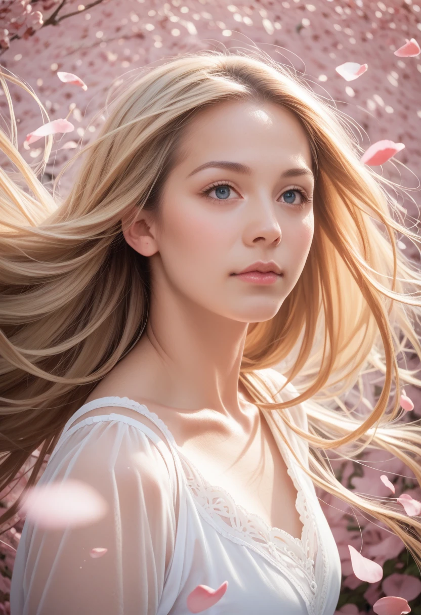 score_9, score_8_up, score_7_up, score_6_up, attractive woman, natural skin, detailed skin, portrait, realistic, photo, (long_hair, blonde_hair), hair fluttering in the wind, many petals flying, sunny day,