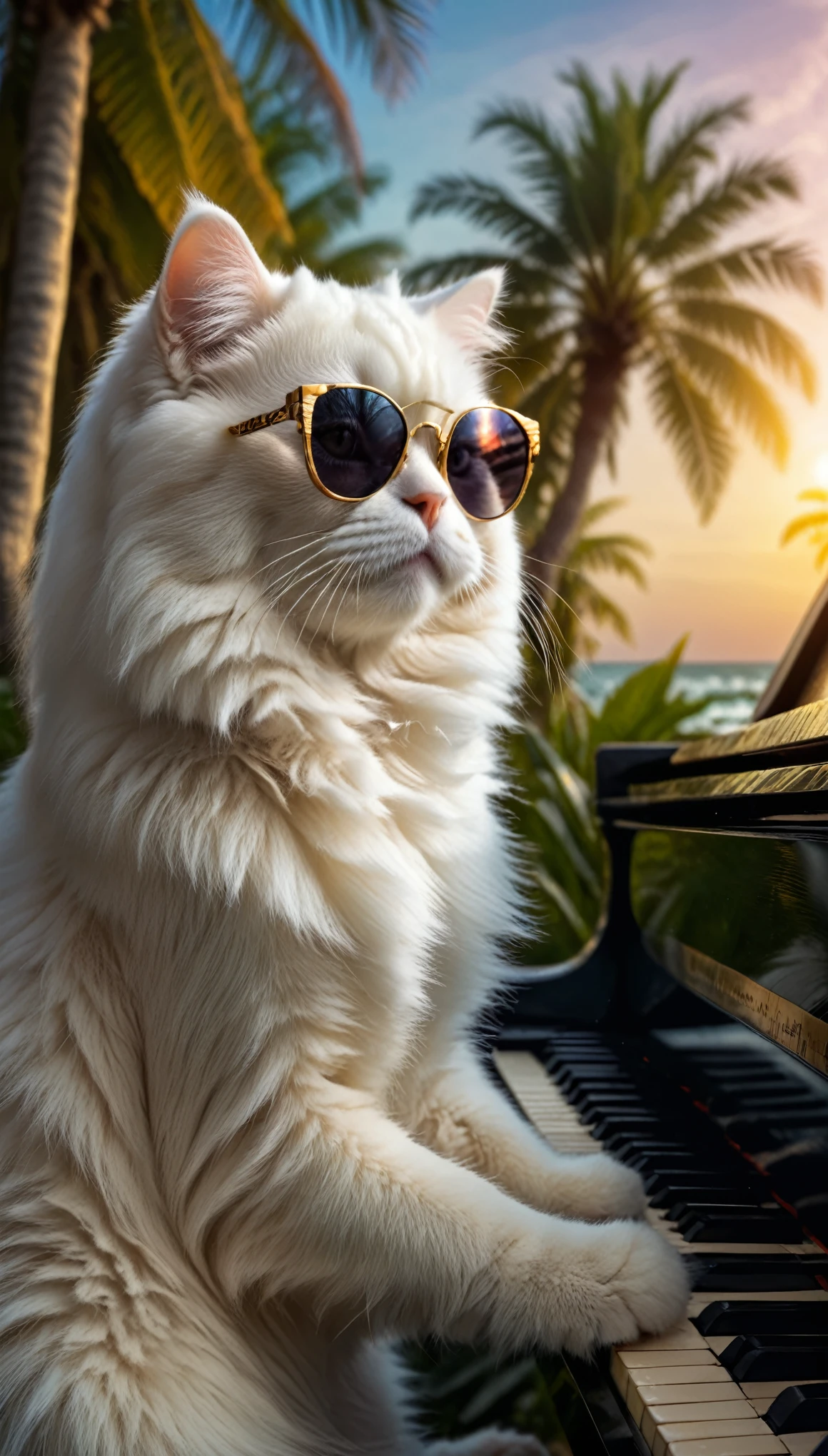 a white persian cat playing piano , jungle at sunset, highly detailed, photographic, realistic, HDR, 8k, cinematic, cat wearing sunglasses, beautiful detailed eyes, beautiful detailed face, longeyelashes, fur extremely detailed, waves crashing, sun reflecting on water, golden hour lighting, detailed sand texture, palm trees in background