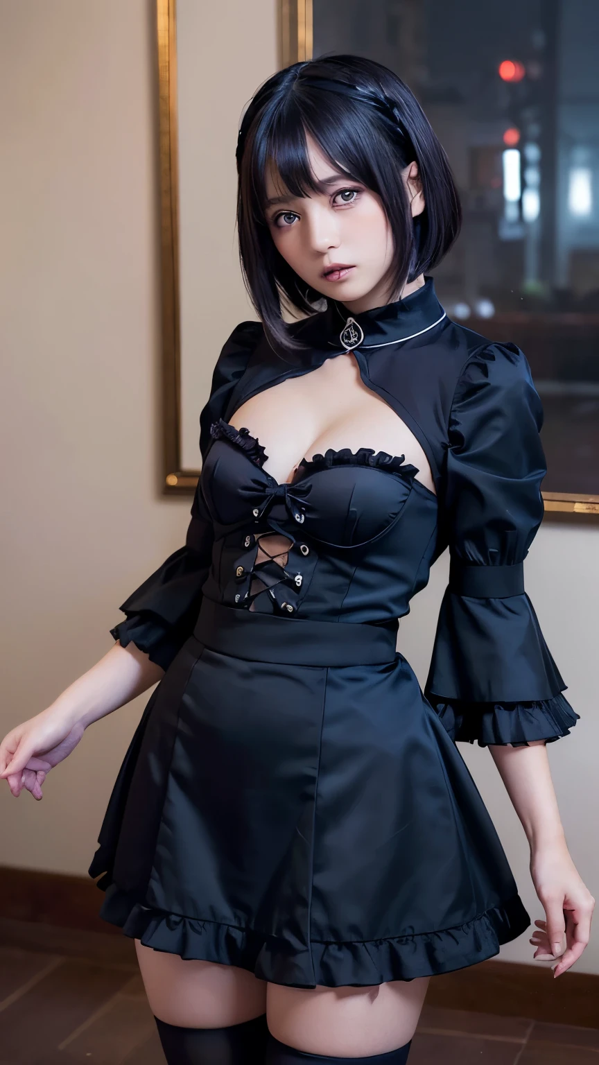 extra detailed face,Top image quality、Black Maid Outfit、in a house、A dark-haired、Outstanding style、Sexy thighs,exposing the abdomen ,((Clothes with less fabric)),photographrealistic、long、Red and excited cheeks、((The eyes are confused and seductive))、short-hair、Yurina Hiraide