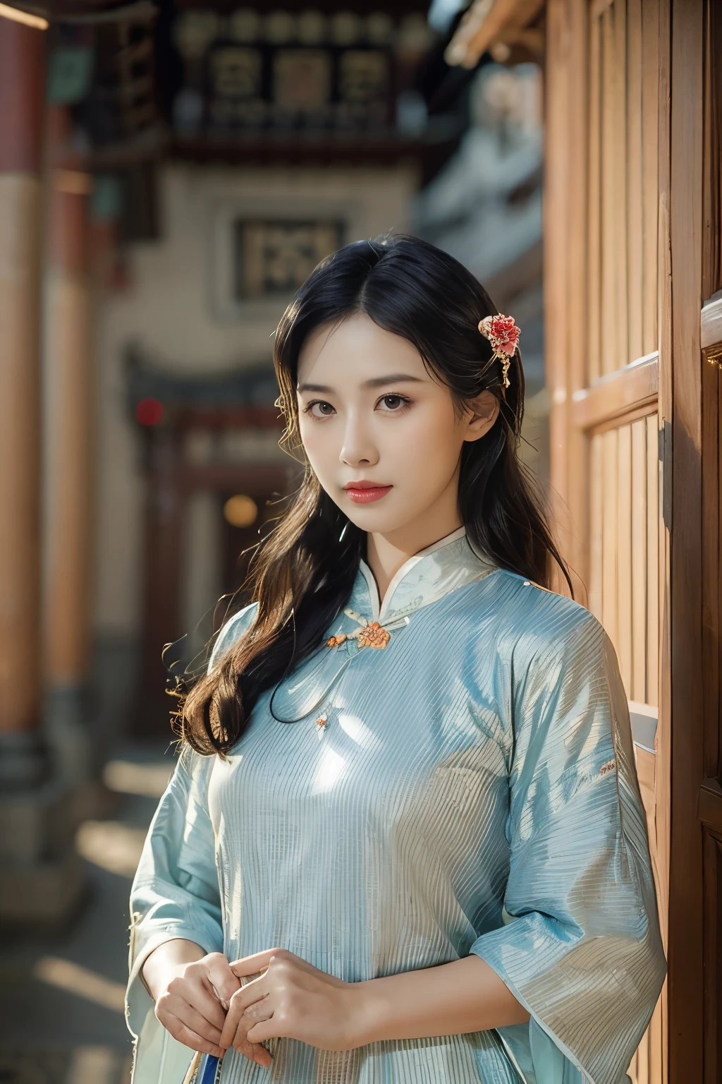 (masterpiece), (), Cowboy shooting, Glowing skin, girl, Solitary, Pupils sparkling, Long eyelashes, Shut up, Slight smile, Long hair, Striped hair, curls, Chinese clothing, View Viewers, Selfie, Ancient Temple, movie lighting