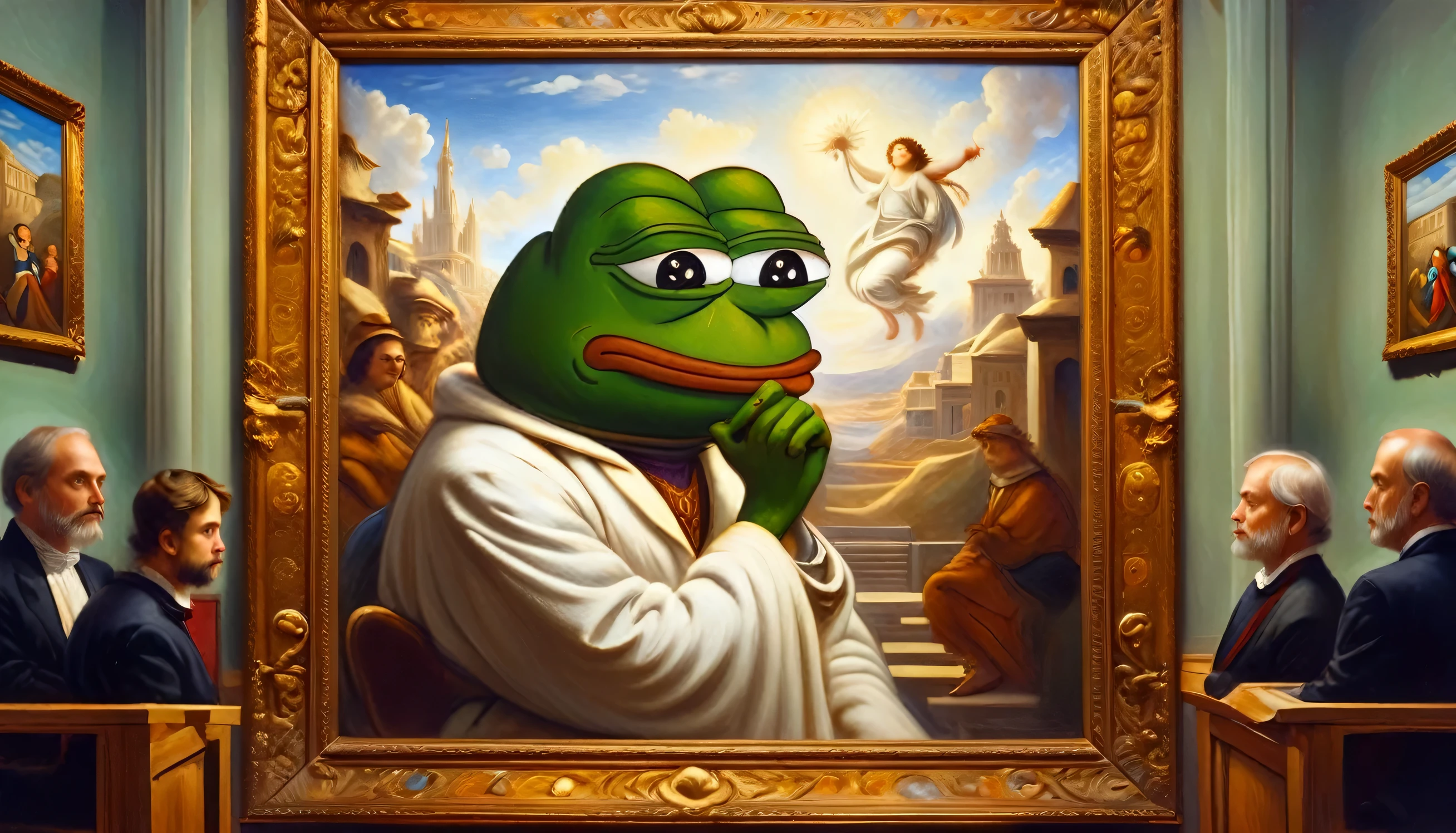 Pepe the frog, museum, beautiful painting by leonardo, hyperrealistic, 8k, masterpiece, highly detailed, intricate background, elegant lighting, dramatic composition, photorealistic, vibrant colors, soft textures, lifelike expression, whimsical atmosphere, frog anthropomorphized, museum interior, renaissance style, chiaroscuro lighting, oil painting, museum visitor, contemplative pose, ornate frames, detailed brushstrokes, classical elements, museum architecture