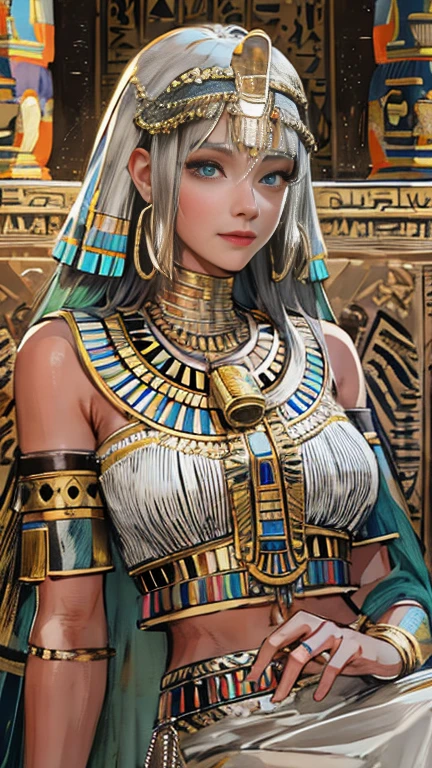 (High resolution, Best Quality, masterpiece, 8k), Ancient Egypt, Cleopatra style girl, Silver blonde middle, Pharaoh&#39;s clothing, Slight emphasis on the chest and cleavage, Face Real, sexy,  smile,  Large Breasts, Ancient Egypt風の宮殿内, Luxurious throne, Lavish decoration, 