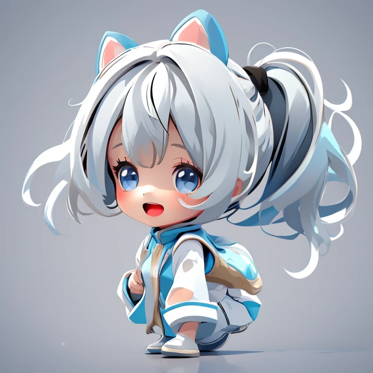 Chibi, Flat Color, Alone, whole body, cute, (Best Quality), blue eyes, Long Hair, Gray Hair, White clothes, side ponytail, A big smile, Open your mouth, White background, (masterpiece)