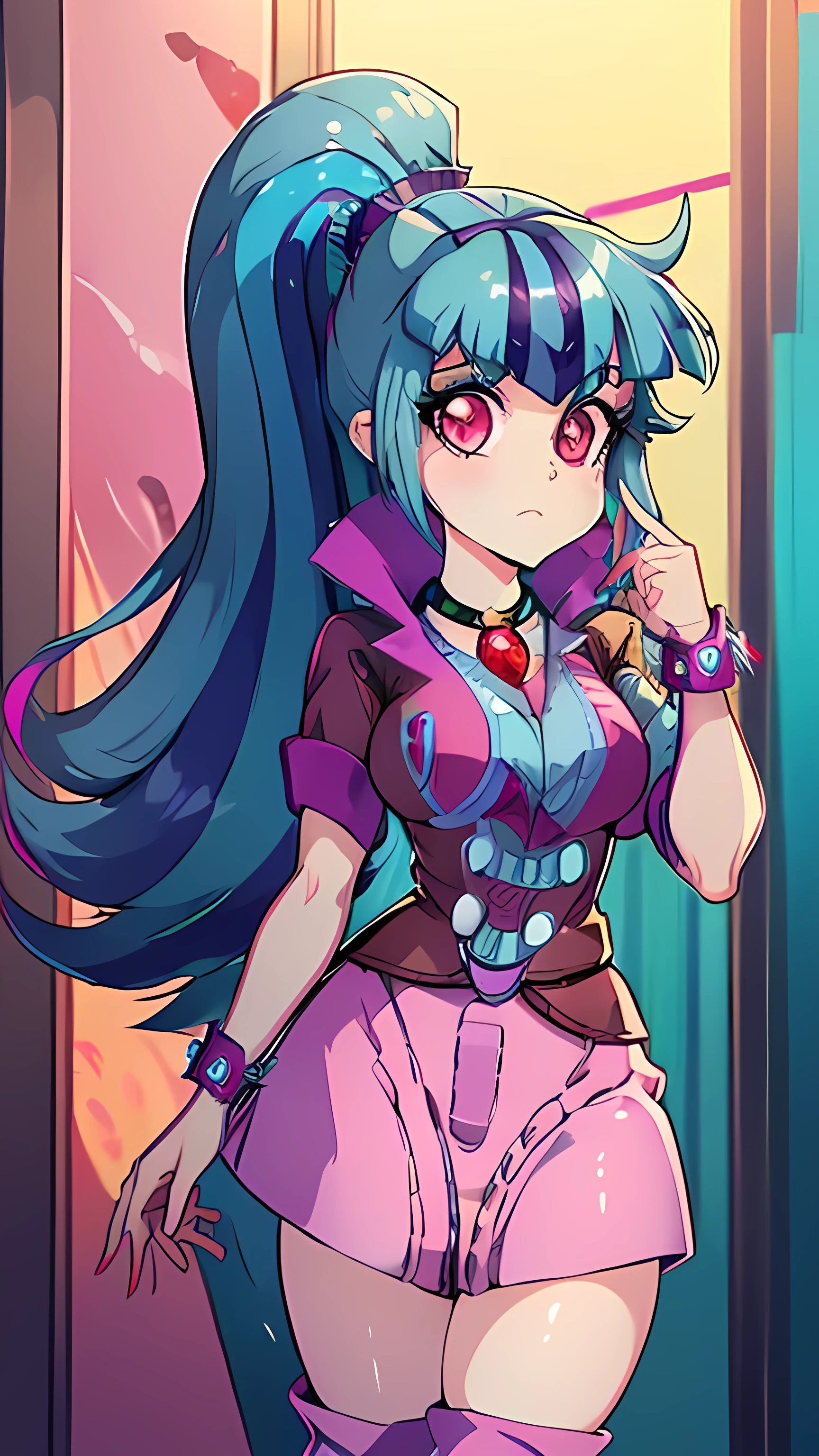 ((Eye color Eyes: Moderate Raspberry )) ((Hair color: Light arctic blue with moderate persian blue stripes)) ((Sonata dusk de Equestria Girls)). ((big breasts)) Sonata Dusk has a youthful and vibrant appearance. Her hair is long, gathered in a high ponytail. As for his clothing, usually uses a punk-rock style. She wears a purple jacket with fuchsia details., a short dark purple skirt with a heart-shaped buckle belt, and knee-high boots, also purple. She completes her look with wristbands and a necklace with a red gem-shaped pendant..