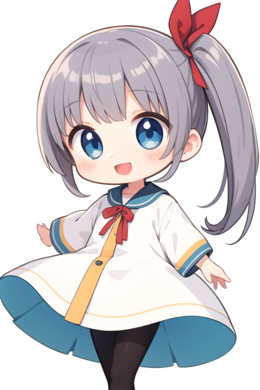 Chibi, Flat Color, Alone, whole body, cute, (Best Quality), blue eyes, Long Hair, Gray Hair, White clothes, side ponytail, A big smile, Open your mouth, White background, (masterpiece)