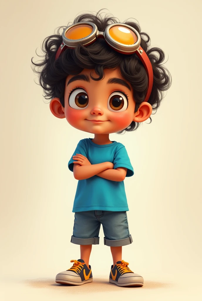 Cute boy name arshal ( curly hair, goggles on his head ) blue shirt short pant