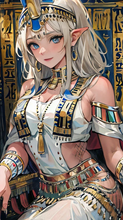 (High resolution, Best Quality, masterpiece, 8k), Ancient Egypt, Cleopatra style girl, Silver blonde middle, Pharaoh&#39;s clothing, Slight emphasis on the chest and cleavage, Face Real, sexy,  smile,  Large Breasts, Ancient Egypt風の宮殿内, Luxurious throne, Lavish decoration, 