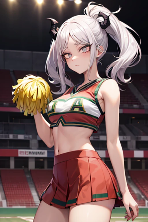 Cheerleader uniform color black (BNHA Cheerleader uniform), hair white, eyes Violet, stadium background, (demon horn color black)