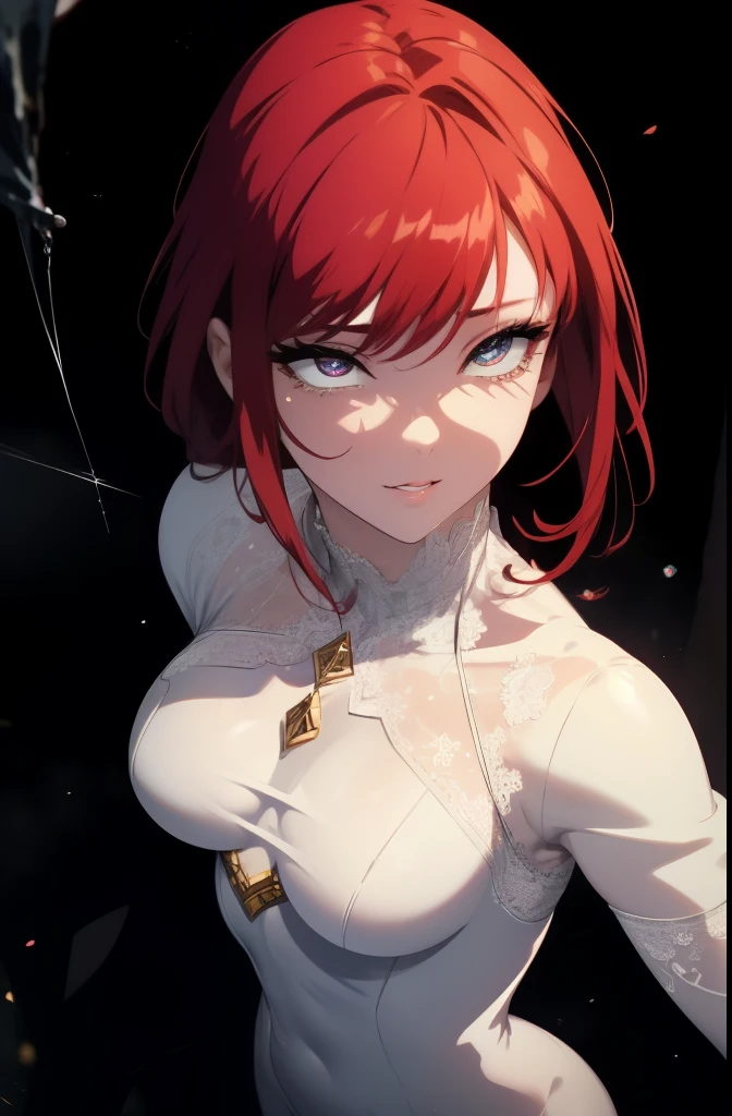 masterpiece, best quality, ultra detailed, looking at viewer, intricate details, rich colors, sharp focus, volumetric lighting, dramatic atmosphere, looking at viewer, 8k, 4k,light particles, highly detailed, detailed eyes, solo, (hair over eyes:1.1), split ponytail, clothing cutout, earrings, jewelry, miniskirt, white skirt, leotard, white jacket, long sleeves, Big , arms behind head, crossed legs,