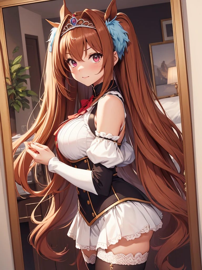 (​masterpiece、top-quality、hight resolution、Unity 8k、extremely details CG:1,Best Picture), Daiwa Scarlet (Uma Musume), ((tiara)), brown hair, hair intake, red eyes, long hair, twintails, animal ears, horse girl, A woman in a risqué maid outfit, complete with thigh-high stockings and a short skirt, stands near a large bed, playfully adjusting her outfit in front of a full-length mirror. She glances back at her client, someone she’s clearly familiar with, and winks. “Who would’ve thought I’d see you here? Looks like someone wants to be spoiled today.” Her tone is playful but filled with teasing familiarity. The mood is light and humorous, as she continues to adjust her outfit while giving him sly, flirtatious looks, setting the tone for an evening filled with playful interaction.