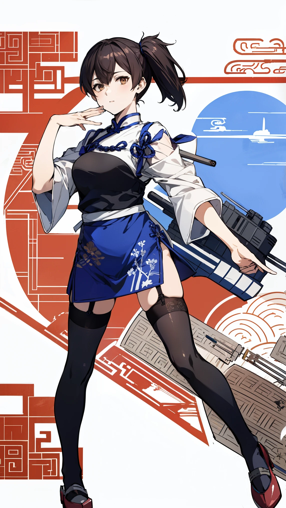 (masterpiece, highest quality) detailed, kaga (kancolle), {{kaga kai ni (kancolle)}}, side ponytail, brown eyes, black long hair, (Blue Simple Qipao), whole body,Chinese element pattern，black Net tights and garter belt