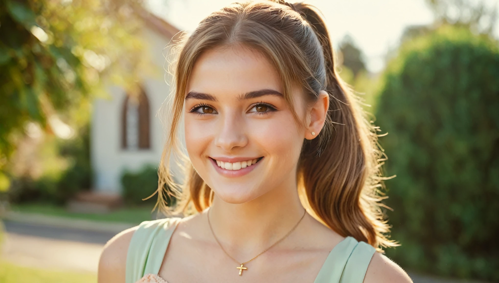 Portrait of an 20-year-old girl with light brown hair tied in a simple ponytail, soft fair skin, and round, kind brown eyes. She is smiling warmly, radiating a sense of happiness and optimism. Her expression is cheerful, her eyes sparkling with joy. She is wearing a pastel-colored dress, modest and neat, with a simple crucifix necklace around her neck. The background shows a quiet suburban setting, like a small garden or a street near a church, bathed in soft, natural sunlight. The lighting is warm, with soft shadows adding depth to her features. Her posture is relaxed, as if she's enjoying a peaceful day. The vintage color palette includes soft pastels and warm tones, with a gentle blur and light grain to give the image an old film photo effect.