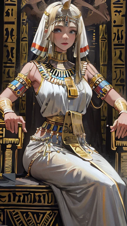 (High resolution, Best Quality, masterpiece, 8k), Ancient Egypt, Cleopatra style girl, Silver blonde middle, Pharaoh&#39;s clothing, Slight emphasis on the chest and cleavage, Face Real, sexy,  smile,  Large Breasts, Ancient Egypt風の宮殿内, Luxurious throne, Lavish decoration, 