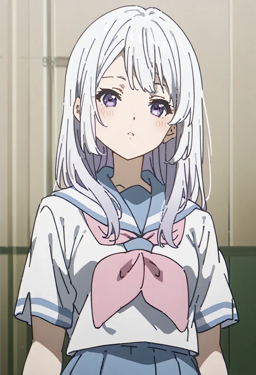 source_anime, absurdres, kousaka, long_hair, black_hair, purple_eyes, kitauji_high_school_uniform, short_sleeves, blue_sailor_collar, blue_skirt, white_shirt, pink_neckerchief, blush, touching_hair, head_tilt, parted_lips, looking_at_viewer, half_closed_eyes, full_body, shoes, socks