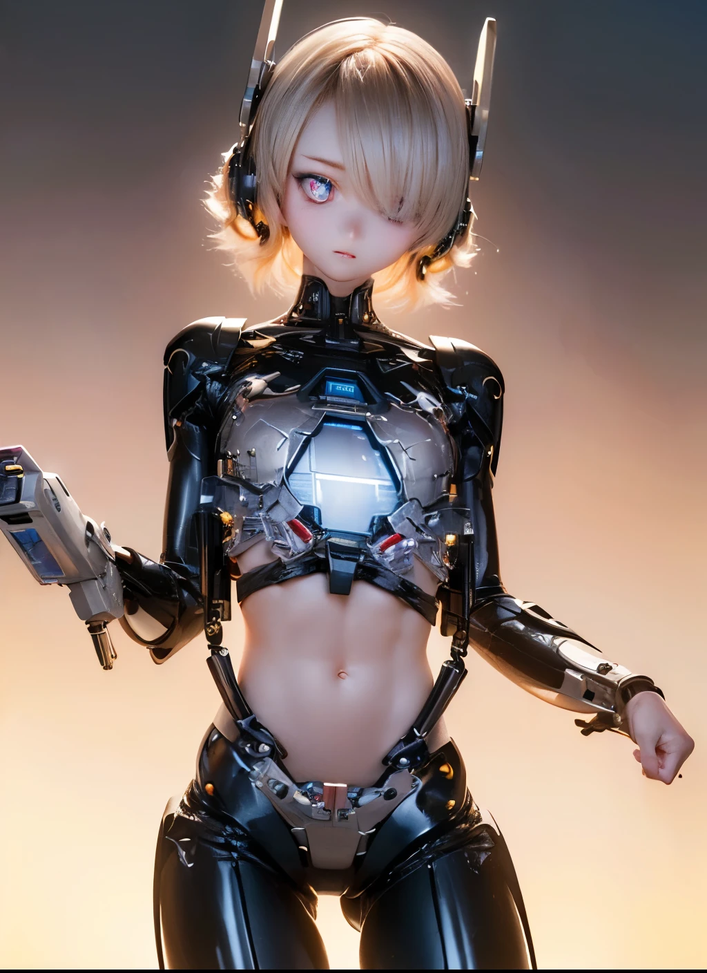 Little loli in orange high-tech exoskeleton