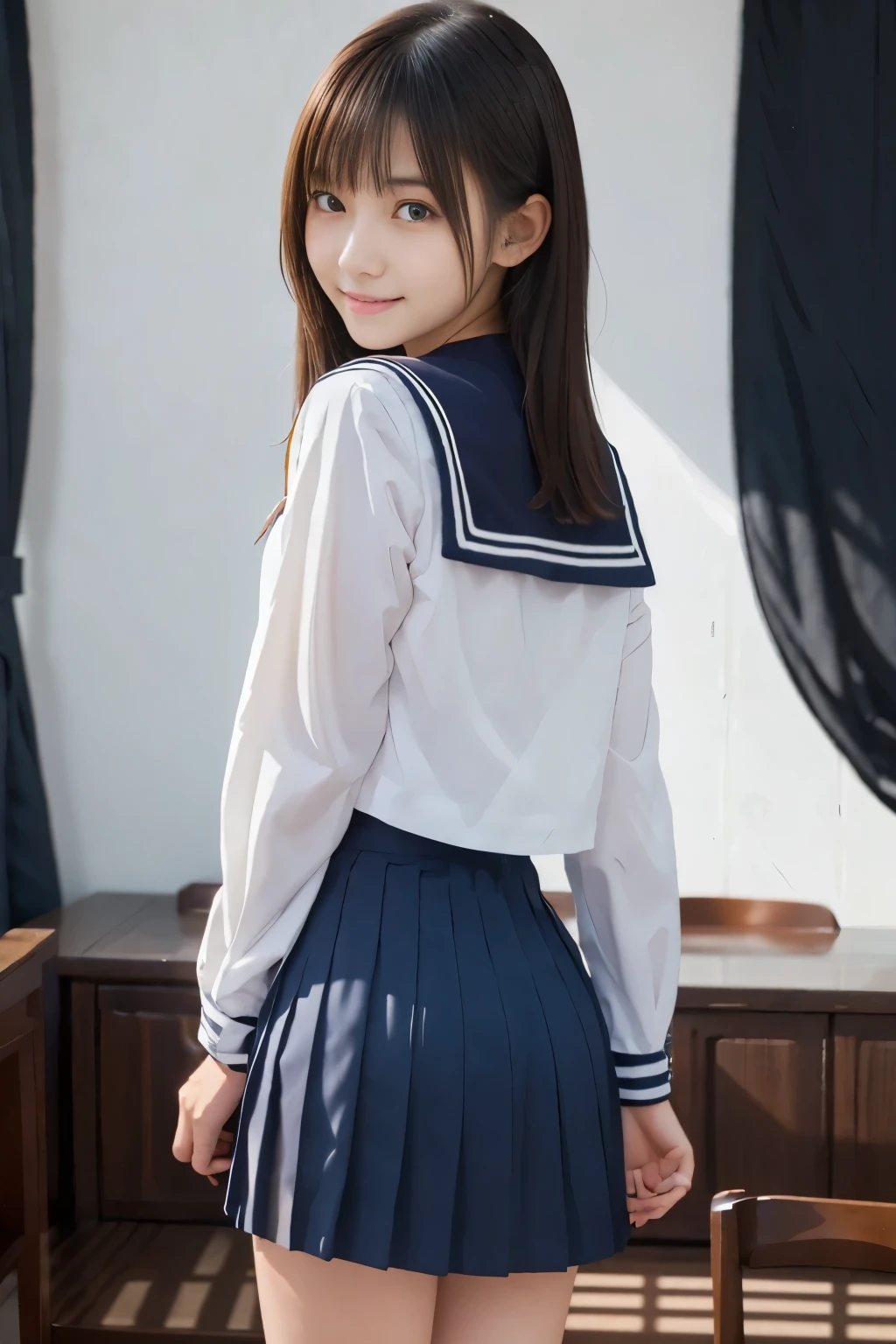 nsfw,One girl, High resolution, Perfect clarity, Perfect lighting, Excellent composition, Extraordinary depth, Rich texture, Great contrast, Young Japanese Woman, 18yo, Beauty, Idol-like cute face, whole body,　Back view, Rearward facing,sexy, (Sailor school uniform), In a school classroom