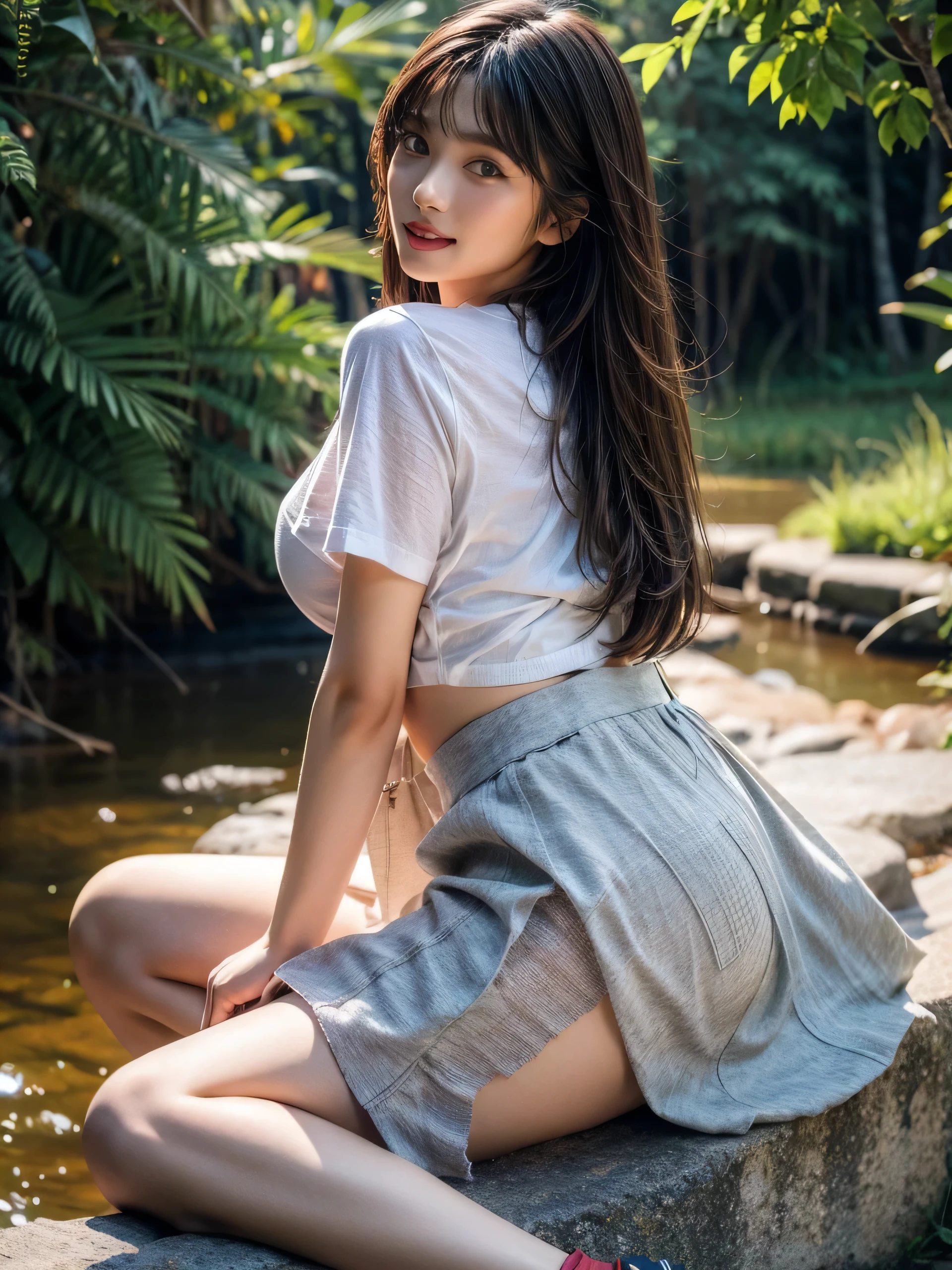 masterpiece、8K、32K、top-quality、(A detailed eye)、(A cute Japanese woman、bangss)、23years old、1 girl in、elegent、(Detailed background depiction、portlate:1.2)、(lift up skirt:1.3)、(white panties:1.1)、 showing off panties、Natural park、cowboy shot、ssmile、(Low position、low angles:1.3)