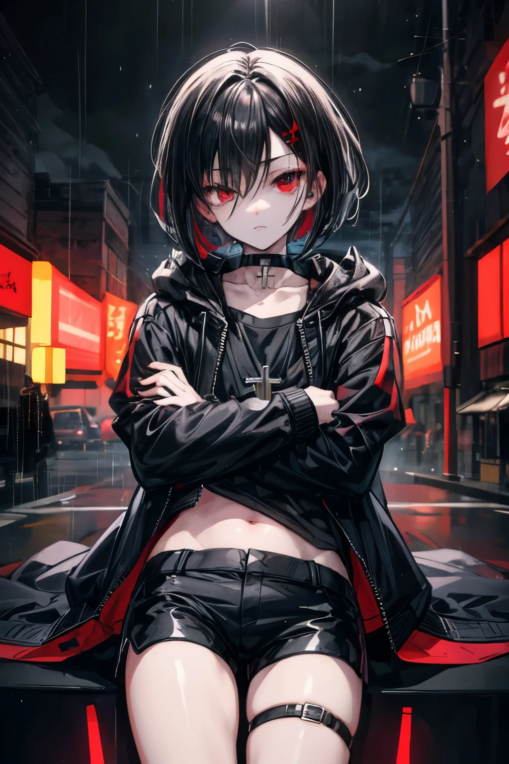 ((Best quality)), ((masterpiece)), (detailed), Perfect face, Alone, 1 BOY, , anime, beautiful detailed eyes, Night City, black jacket, black shorts, BOB HAIR, BLACK HAIR, just play, Thigh Strap, rain, Choker, bare thighs, Expressionless, red eyes, (), Cross your arms, MIDDRIFF