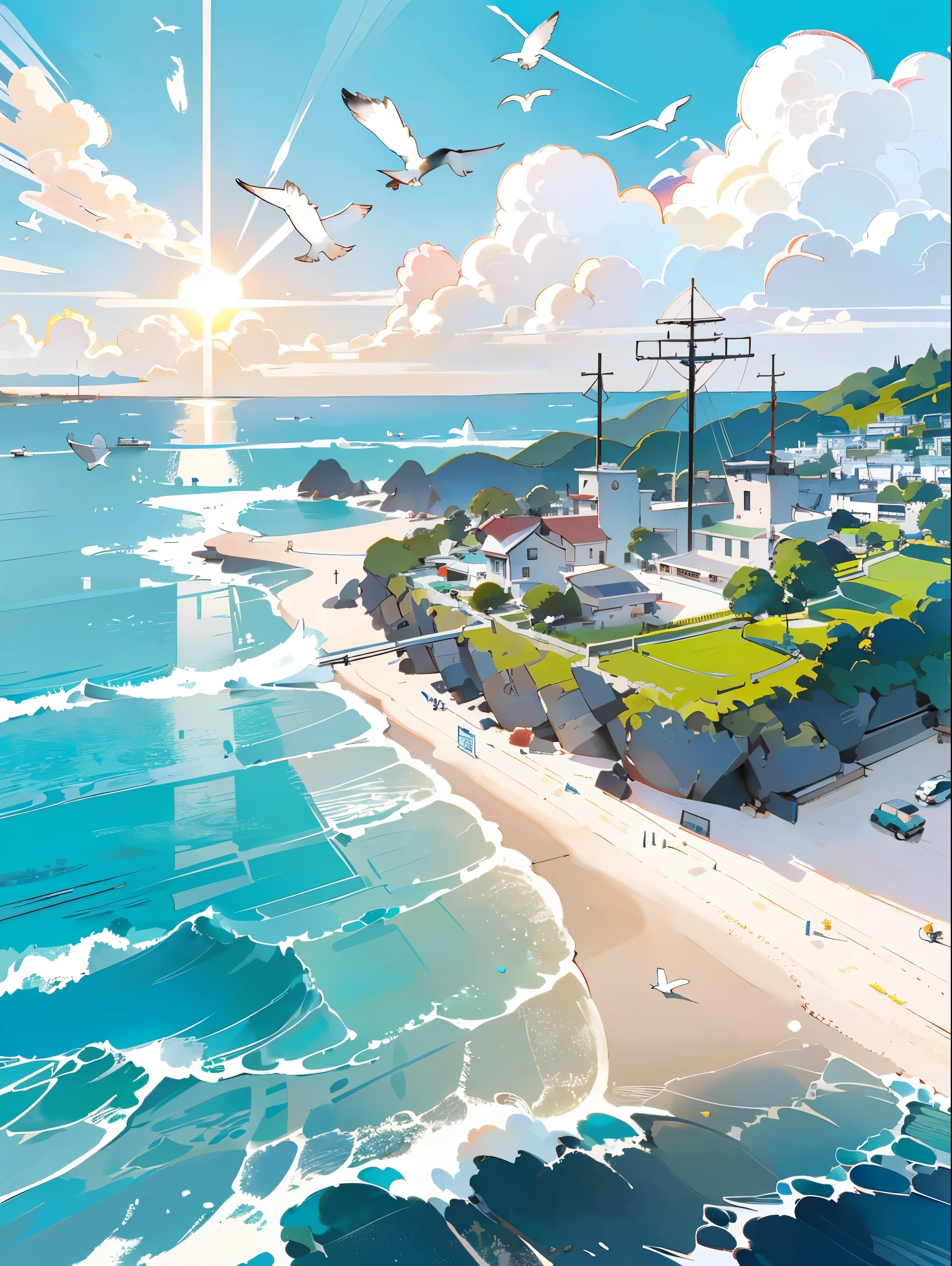 anime background, Ghibli background style, cute illustration, soft light,Full-color illustration, beach，Coastline，coast，port，Baiyun(1:2), cover illustration, landscape，soft clouds, Sunlight, Seagulls flying in the sky，telegraph pole