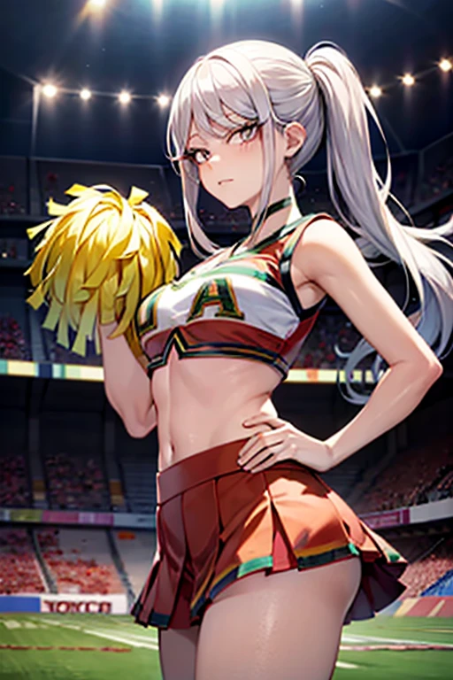 Cheerleader uniform color black (BNHA Cheerleader uniform), hair white, eyes Violet, stadium background.