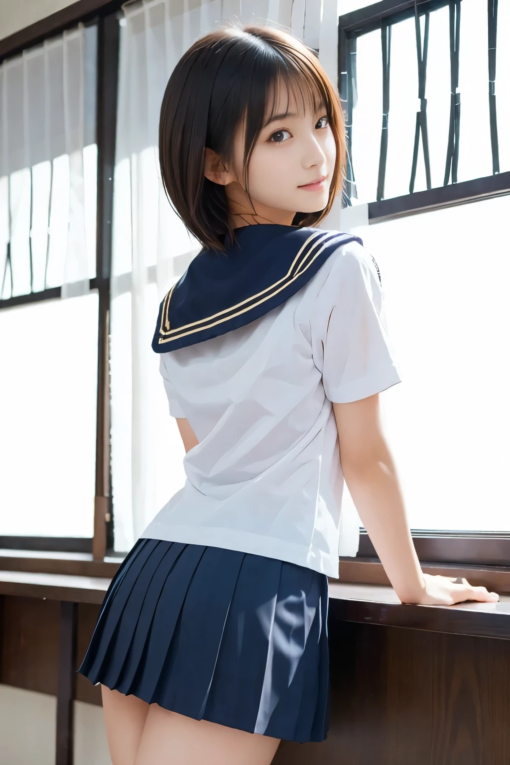 nsfw,One girl, High resolution, Perfect clarity, Perfect lighting, Excellent composition, Extraordinary depth, Rich texture, Great contrast, Young Japanese Woman, 18yo, Beauty, Idol-like cute face, whole body,　Back view, Rearward facing, Slightly longer short bob hair, sexy, (Sailor school uniform), In a school classroom