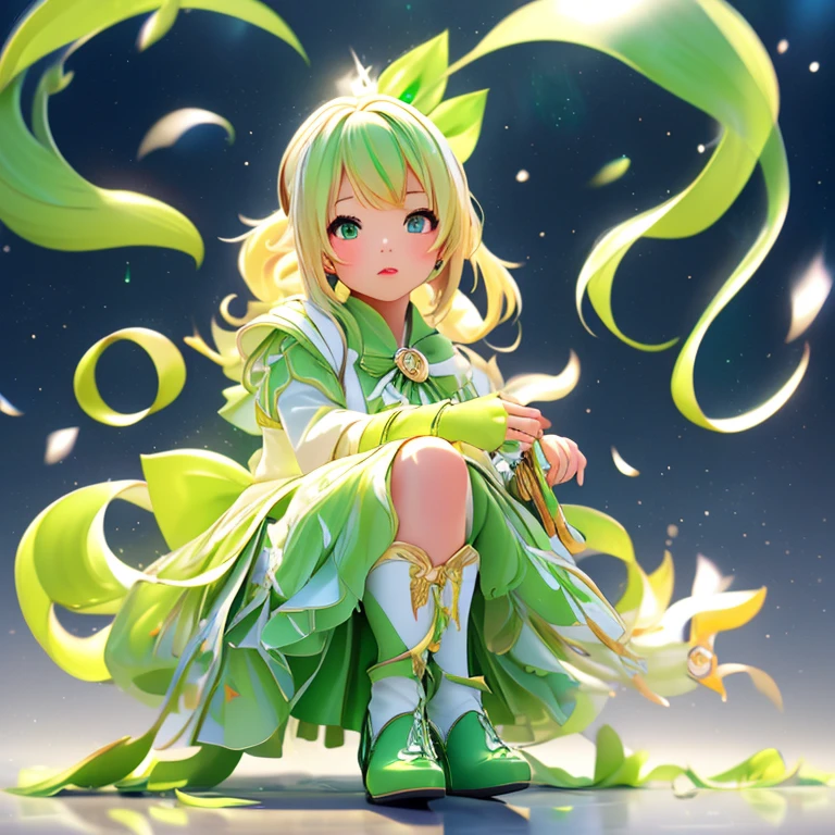 Best Quality、unity 8k wallpaper、32K、masterpiece、Very detailed、Ultra-high resolution、Very detailedな顔、RAW Photos、professional、Fine painting、Magical Fairy Swordsman Leafa、Blonde long hair、White hair ribbon、Green Eyes、Green magical girl costume、Blonde ponytail、White hair ribbon、Yellow ribbon with a large emerald brooch、White pleated skirt with green lines、Green and yellow long gloves、Green thigh-high stiletto heel boots with gold molding、