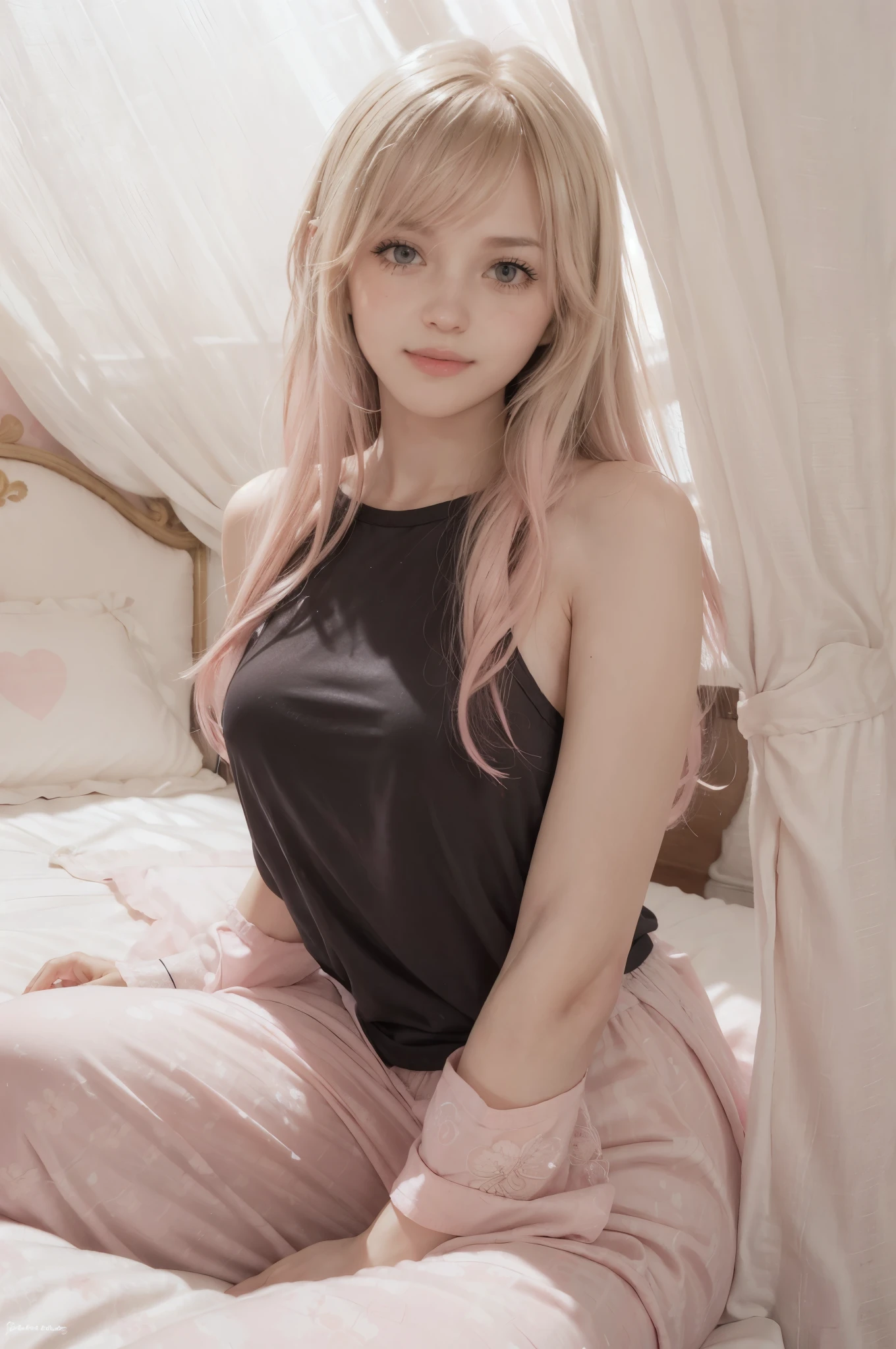 photo of mariya with long blonde hair, bang, sexy, (petite:1.4), wearing (pink black pajamas:1.3), sitting on bed in a cute girly bedroom adorned with pastel hues and playful decor. The walls are painted in soft pinks or lavender, with a delicate floral or heart-patterned wallpaper as an accent. A canopy bed with sheer, flowy curtains creates a dreamy atmosphere. Plush stuffed animals and fluffy throw pillows in various shades of pink adorn the bed,
realistic, photorealistic,
High quality, RAW photograph, detailed background, intricate, highly detailed, sharp focus, high resolution, 8k, uhd, dslr, realistic eyes, perfect eyes,