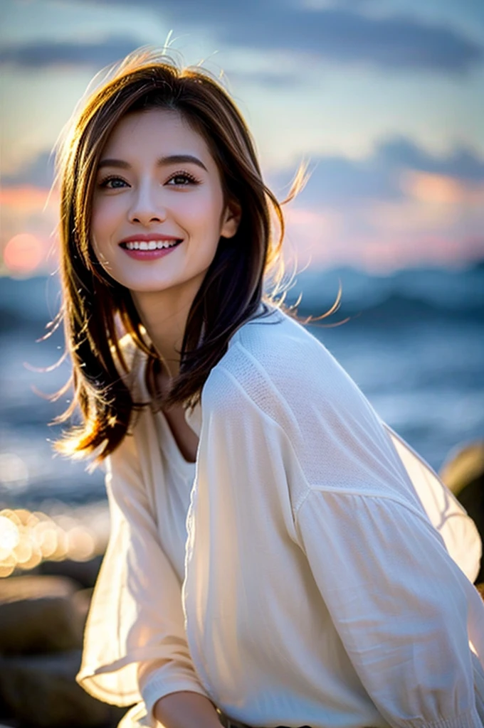 Tabletop、(Highest quality、4K、8K、High resolution、Masterpiece: 1.2)、Super detailed、(Real、Photorealistic、Photorealistic: 1.37)、Full Body Shot、Complex and beautiful eyes、woman、long hair、Natural color lip、whiteＴshirt、Bold and sexy pose、smile、Ocean、 year old girl、A cute and sexy shot looking straight at the camera。