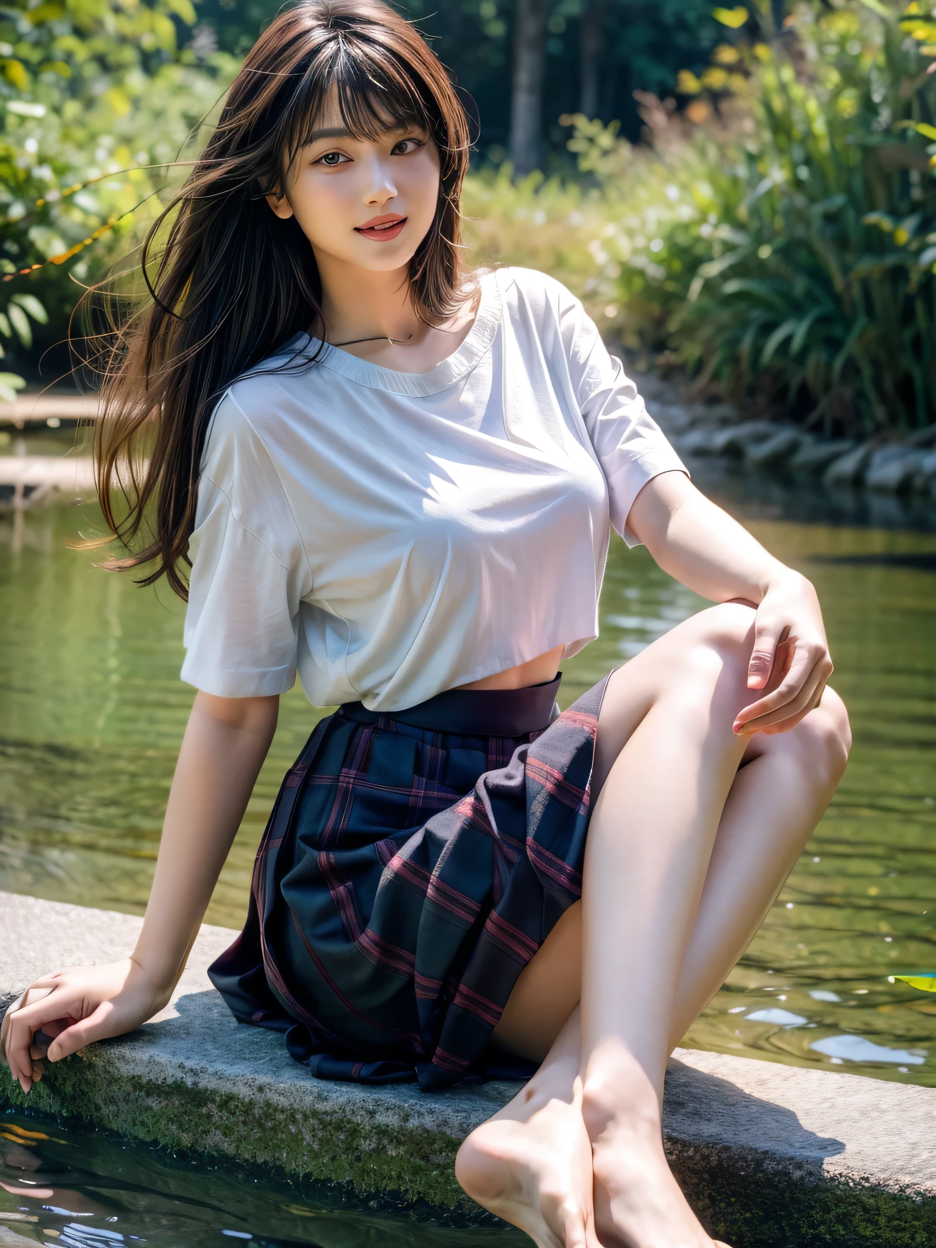 Drawing from below:2.53,One Girl、Beautiful and detailed eyes and face、barefoot、Cute 16 year old Japanese girl, ((Extremely precise and accurate anatomy:1.0)), (photo Realistic:1.4), (hyper Realistic:1.4), (最高品質のRealisticな肌の質感:1.4), (Improvement of quality:1.4), (Enhances the beauty of skin texture:1.1), Clean and glowing skin, mesh, thin:1.2, (Realistic:1.3), Realisticなライティング, (Smoother lighting:1.05), (Improving the quality of cinema lighting:0.9), Backlight, A gentle light for your face, Ray Tracing, (Bright light:1.2), 32K, One Japanese woman, fine grain, Detailed face, (Film Grain:1.1),(Accentuates body lines:1.1), High resolution, Natural look, Kind eyes, Improves hair quality, Delicate light and shadow, Graceful pose, Sharp details, Soft light reflection, Beautiful contours, Delicate skin tone, Fine hair texture, Natural background, (((sunnyた日、School Area、A strong wind is blowing、Her hair and skirt are flying、 Open shirt、Pleated skirt、stroll:1.25、Light of the sun、sunny、stage、Blue sky and white clouds、The joy of youth)))、