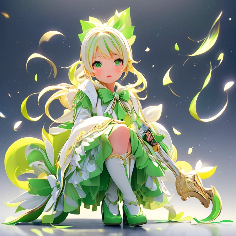 Magical Fairy Swordsman Leafa、blonde、White hair ribbon、Green Eyes、Green magical girl costume、Blonde ponytail、White hair ribbon、Yellow ribbon with a large emerald brooch、White pleated skirt with green lines、Green and yellow long gloves、Green thigh-high stiletto heel boots with gold molding、