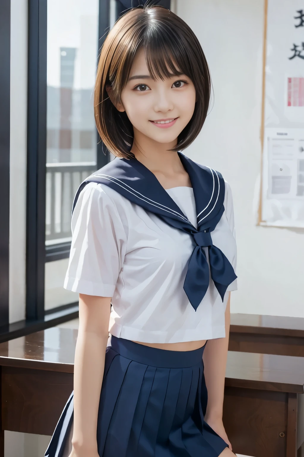 nsfw,One girl, High resolution, Perfect clarity, Perfect lighting, Excellent composition, Extraordinary depth, Rich texture, Great contrast, Young Japanese Woman, 18yo, Beauty, Idol-like cute face, whole body,　Slightly longer short bob hair, sexy, (Sailor school uniform), In a school classroom