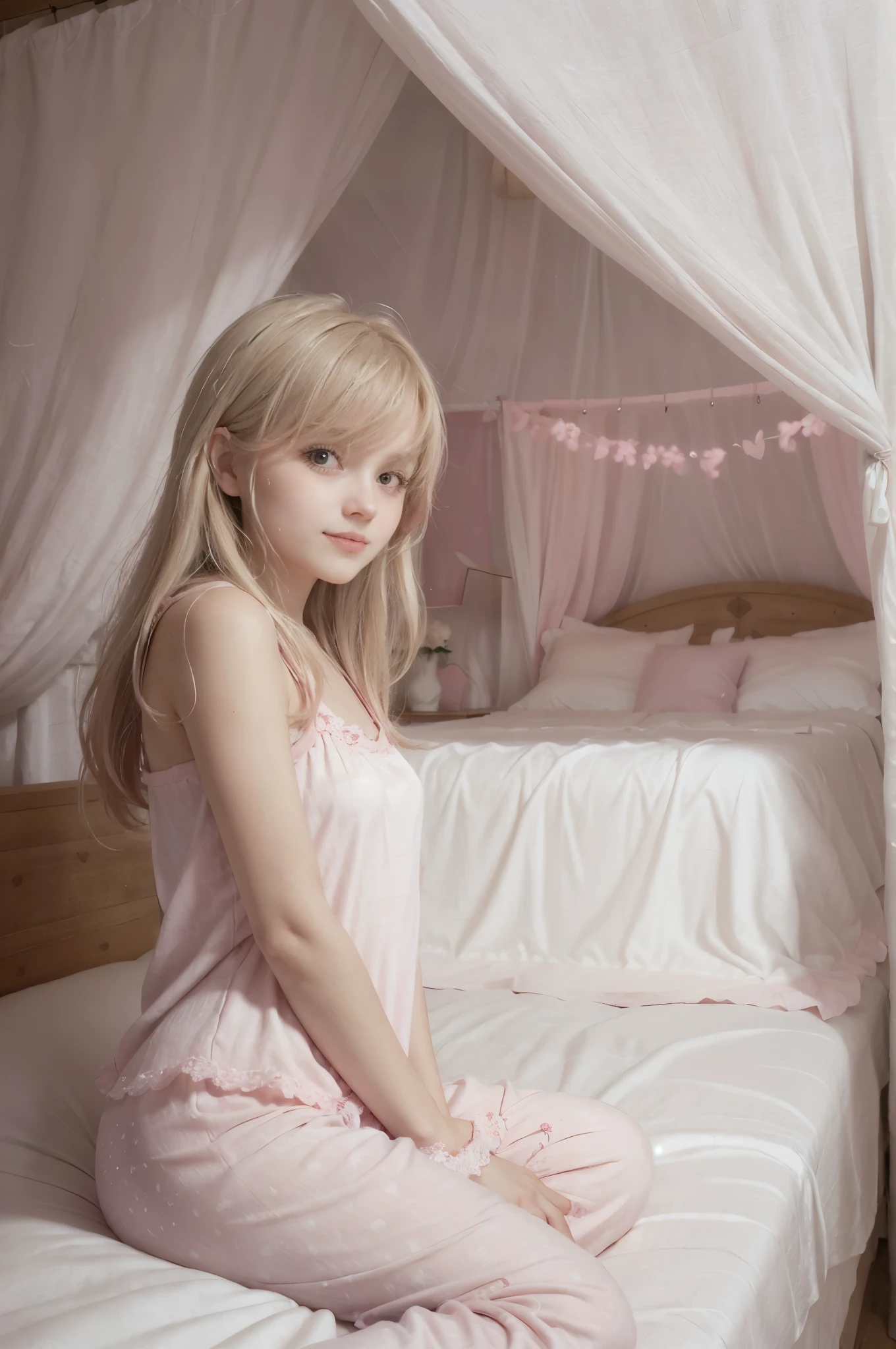 photo of mariya with long blonde hair, bang, sexy, (petite:1.4), wearing (pink pajamas:1.3), sitting on bed in a cute girly bedroom adorned with pastel hues and playful decor. The walls are painted in soft pinks or lavender, with a delicate floral or heart-patterned wallpaper as an accent. A canopy bed with sheer, flowy curtains creates a dreamy atmosphere. Plush stuffed animals and fluffy throw pillows in various shades of pink adorn the bed,
realistic, photorealistic,
High quality, RAW photograph, detailed background, intricate, highly detailed, sharp focus, high resolution, 8k, uhd, dslr, realistic eyes, perfect eyes,