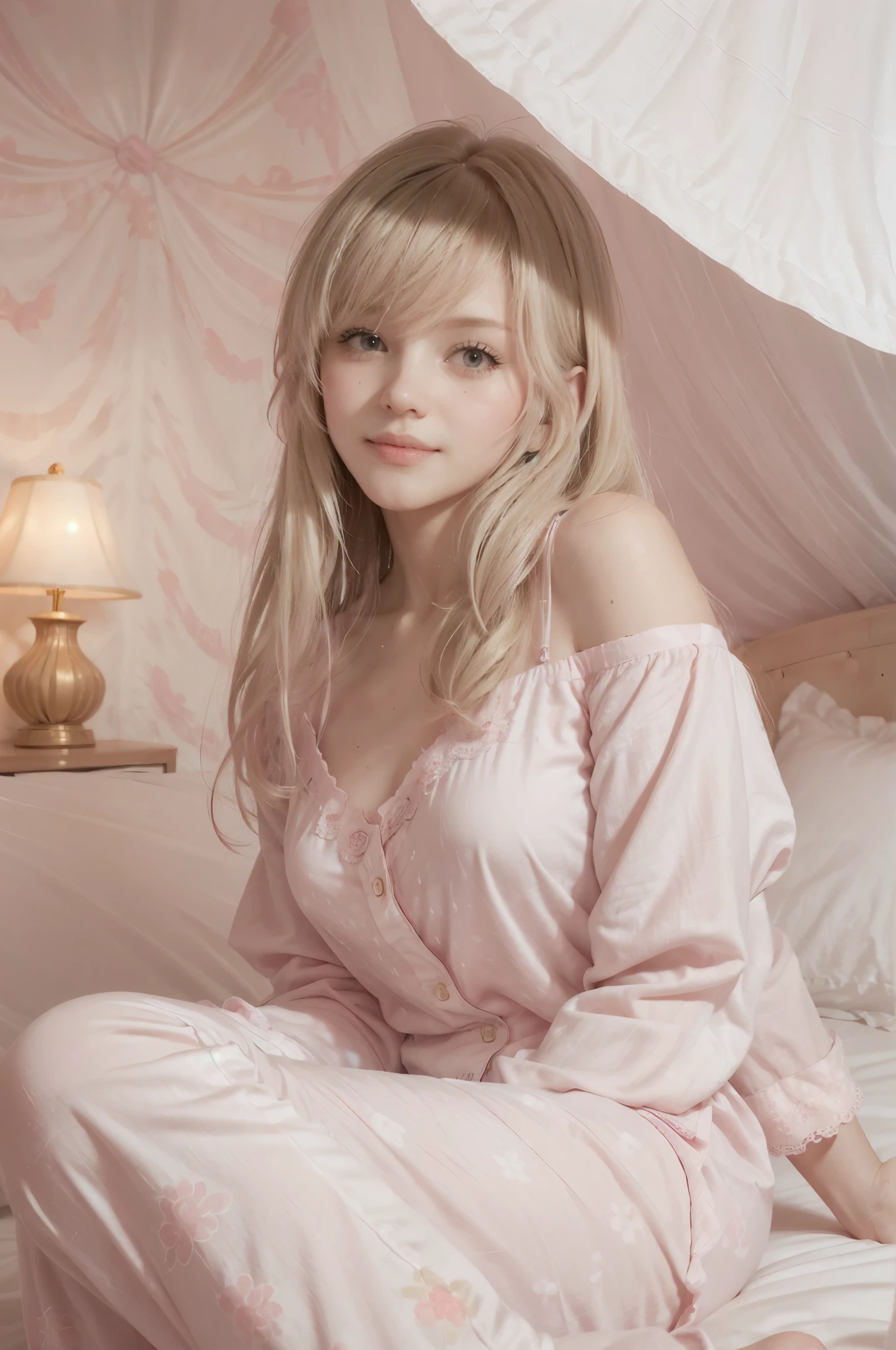 photo of mariya with long blonde hair, bang, sexy, (petite:1.4), wearing (pink pajamas:1.3), sitting on bed in a cute girly bedroom adorned with pastel hues and playful decor. The walls are painted in soft pinks or lavender, with a delicate floral or heart-patterned wallpaper as an accent. A canopy bed with sheer, flowy curtains creates a dreamy atmosphere. Plush stuffed animals and fluffy throw pillows in various shades of pink adorn the bed,
realistic, photorealistic,
High quality, RAW photograph, detailed background, intricate, highly detailed, sharp focus, high resolution, 8k, uhd, dslr, realistic eyes, perfect eyes,