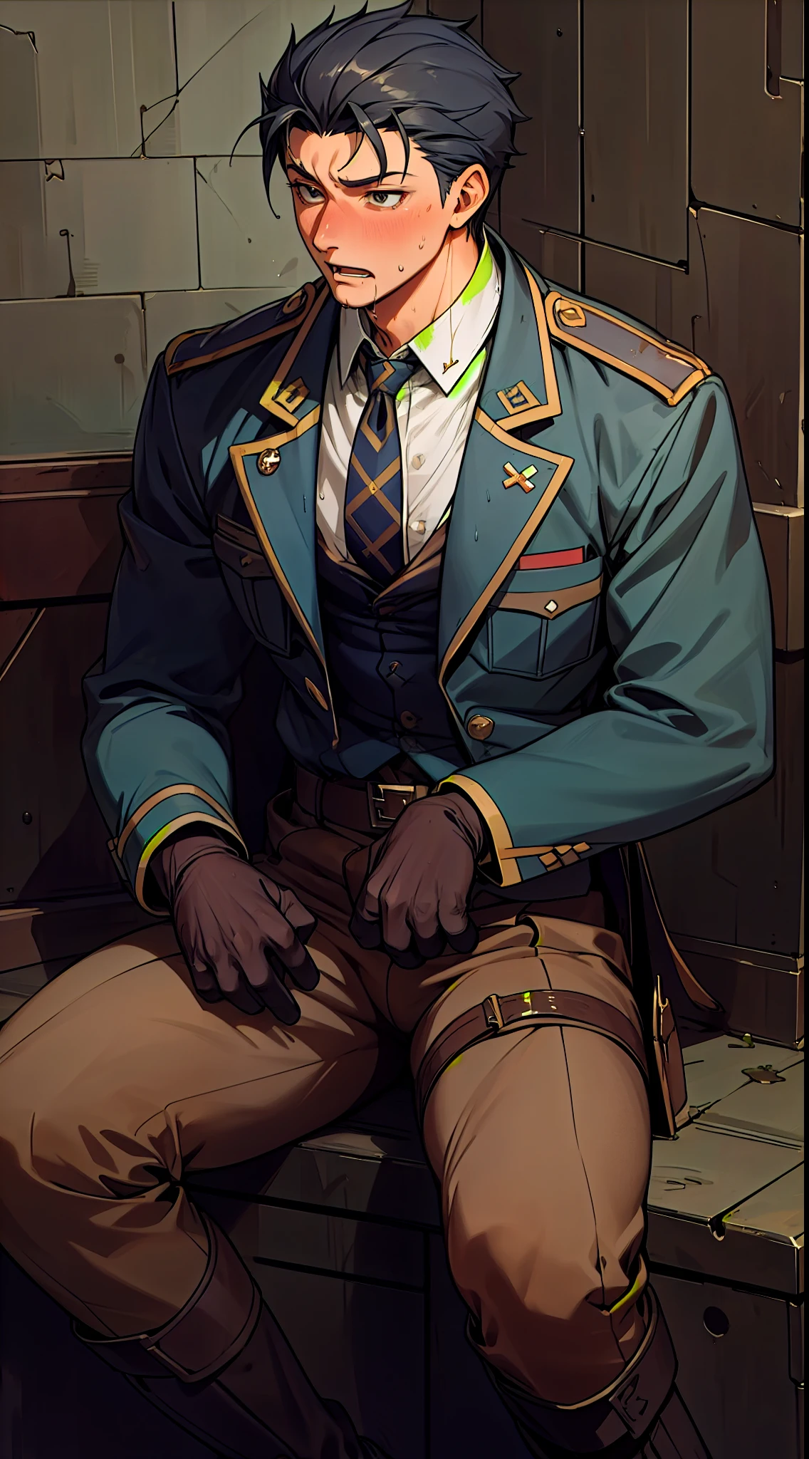 Hector Fay, Ultra high quality cg, solitary, Looking at the audience, Open your mouth, Sweating, Wet, Drooling, Gloves, 1 man, whole body, Sitting astride,Male focus, tie,shirt, military uniform,Military Pants,A holster on his thigh,Wearing dirty combat boots