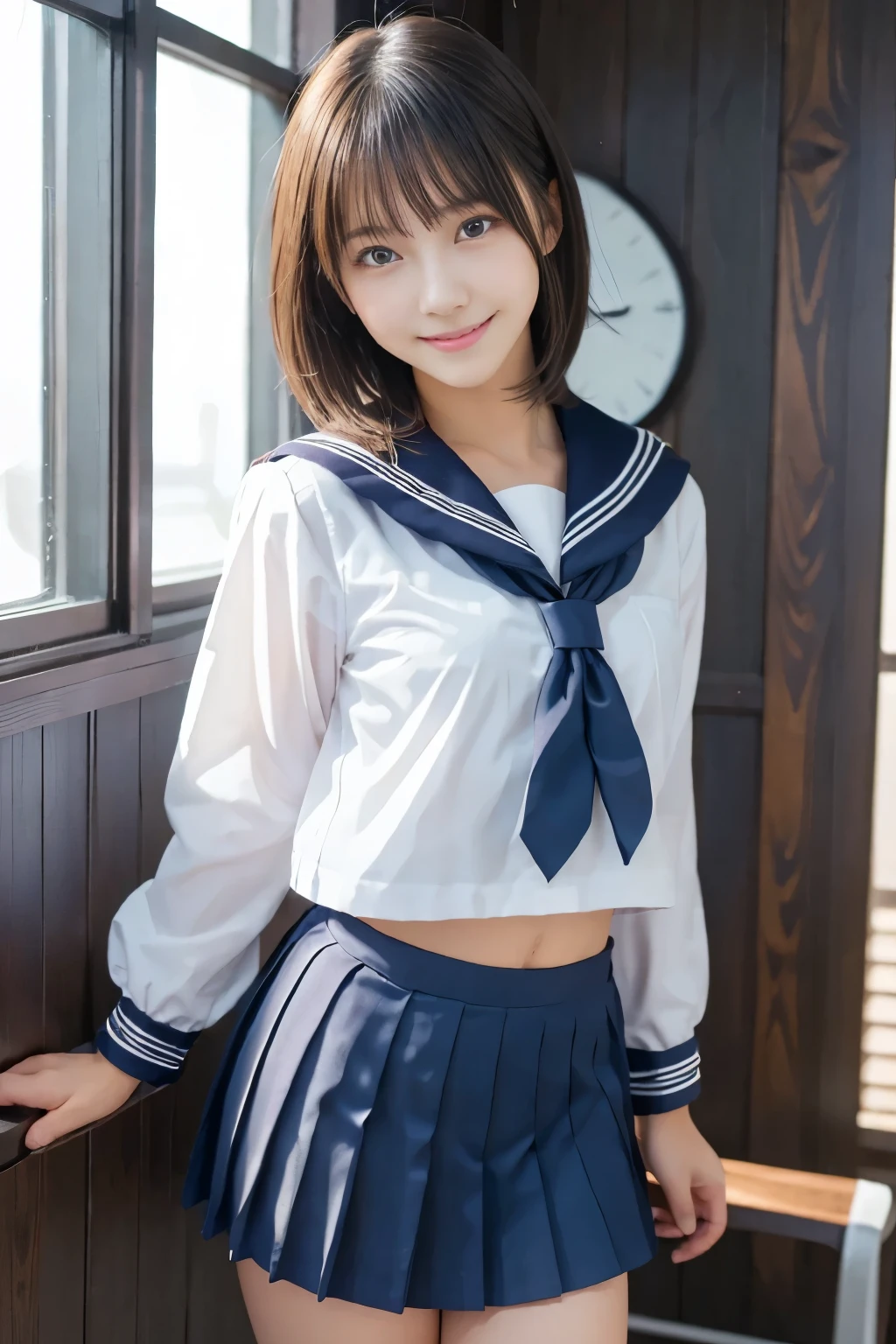 nsfw,One girl, High resolution, Perfect clarity, Perfect lighting,  Extraordinary depth, Rich texture, Great contrast, Young Japanese Woman, 18yo, Beauty, Idol-like cute face, whole body,　Slightly longer bob hair, sexy, (Sailor school uniform), In a school classroom