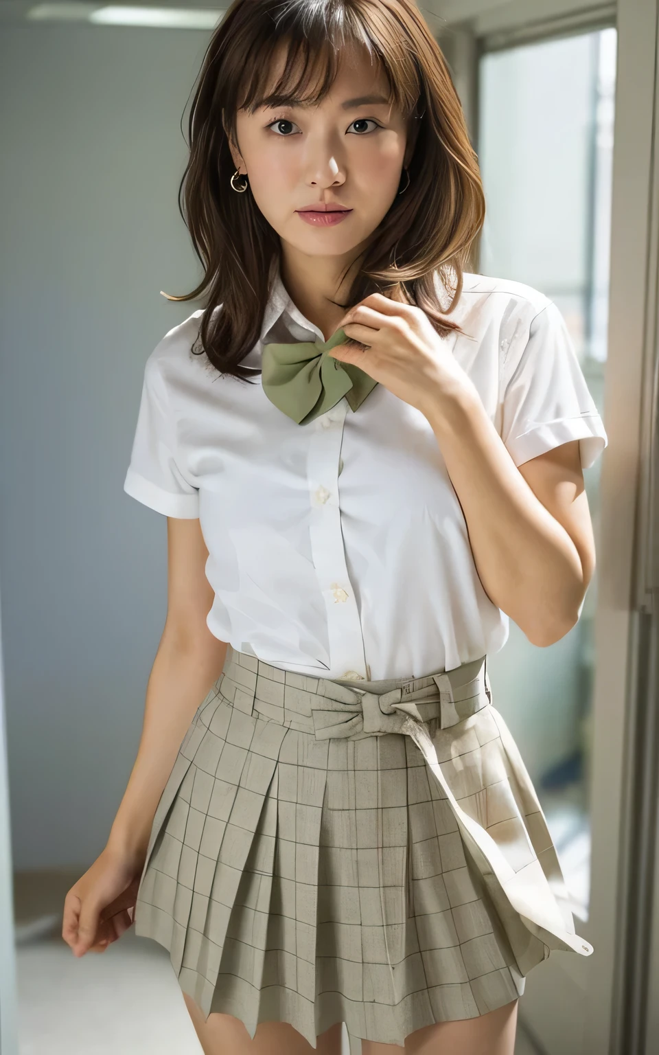 (Naughty photos, Full body photo:1.4), 
(Upper body naked, Wearing a school uniform without a bra, Bow tie, White shirt, Green Check Skirt, Tuck the shirt into the skirt,Chest tightness:1.6), 
(The shape of the nipples is clearly visible even through clothing.., The crotch crack is clearly visible, Super beautiful bare legs:1.2), 
(Changing clothes in the changing room, Open your trembling lips a little:1.4),
((2, Beautiful female teacher, My hair is messy, Body facing forward:1.4)),
((Small breasts, Flat Chest, My breasts are a little saggy:1.2)),

Eye focus, Teary-eyed, Narrow shoulders, Beautiful clavicle, Thin arms, Thin legs, Slim figure, Soft belly, Narrow waist, extremely detailed face, Ultra detailed breasts, Ultra-detailed skin, Ultra detailed lips, Fuller lips, Thick and soft lips, Glossy lips, White teeth, Beautiful actress makeup, Compensate, Dark lipstick, dark brown hair, Delicate and soft hair, Let your hair down, Fluffy short bob, Sweep your bangs to the side, Stylish earrings,necklace, ｓ
